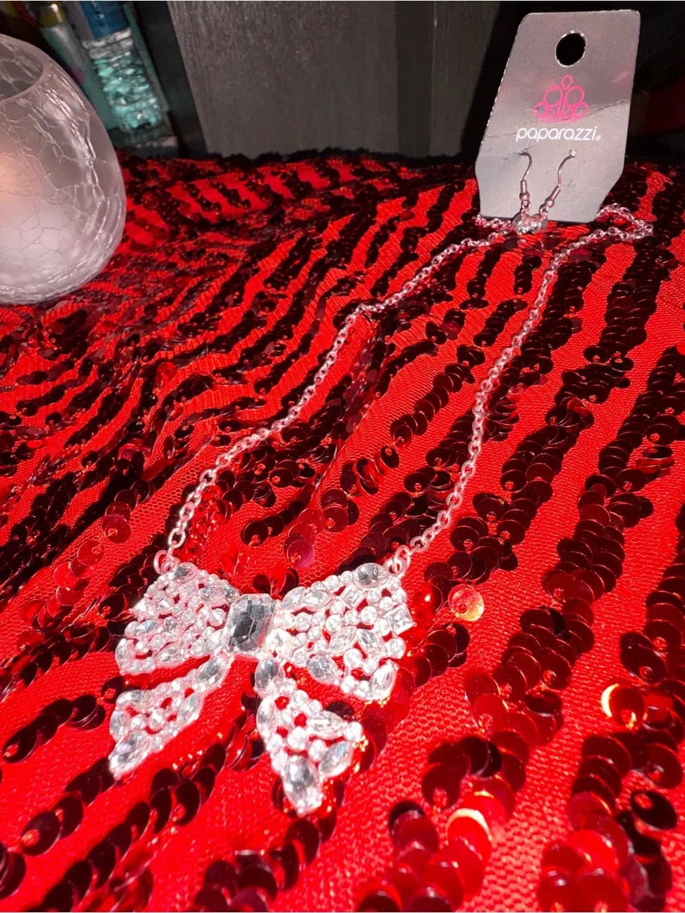 Crystal Bow Pendant Necklace - pink metal